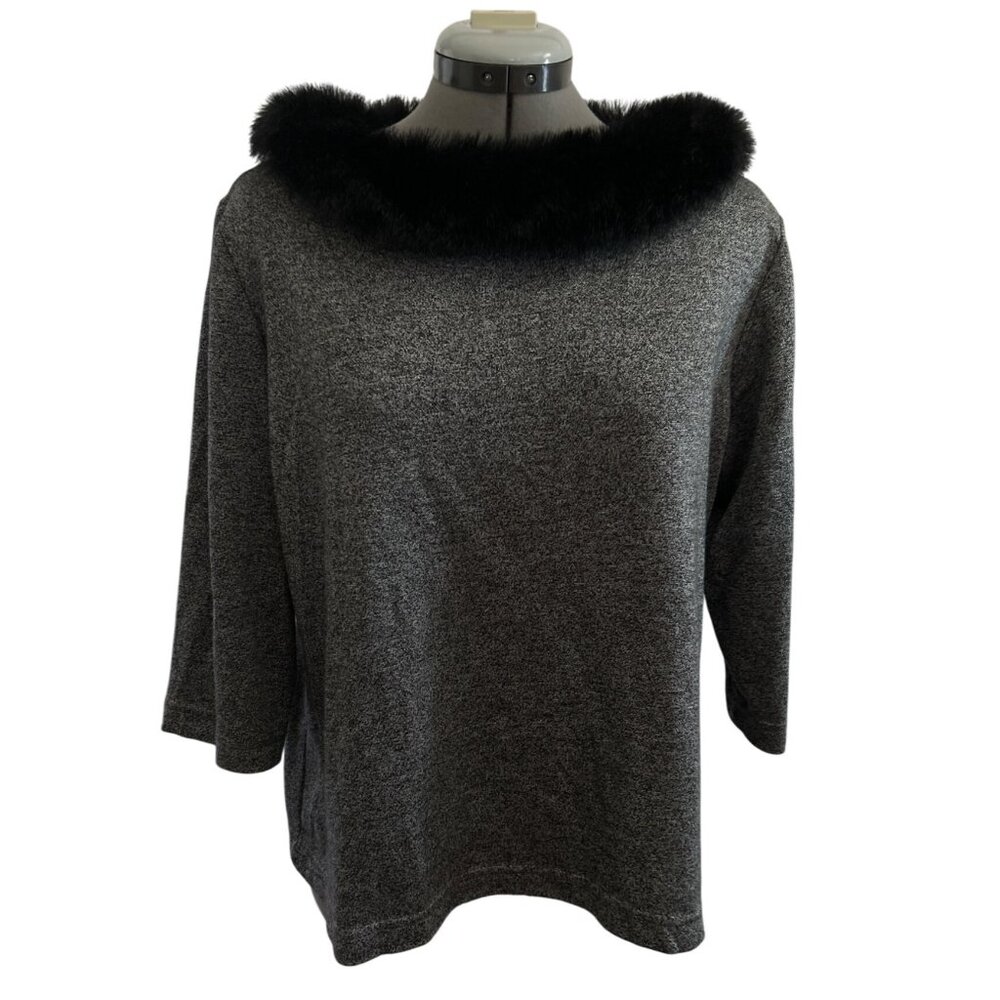 Real Comfort Women’s Grey Top W/ Black Faux Fur Collar 3/4 Sleeves Size XL